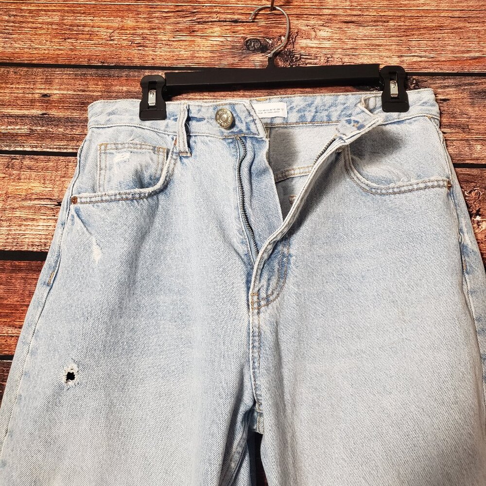 Zara Size 8 Super High Rise Distressed Wide Leg Light Blue Denim Jeans Raw Hem - Picture 4 of 7